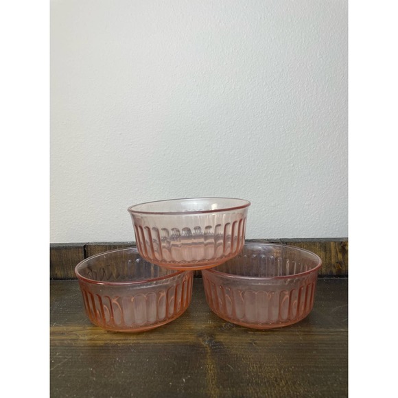 Set of 3 Fortecrisa Pink Glass Ribbed Bowls Made in Mexico - Picture 1 of 8